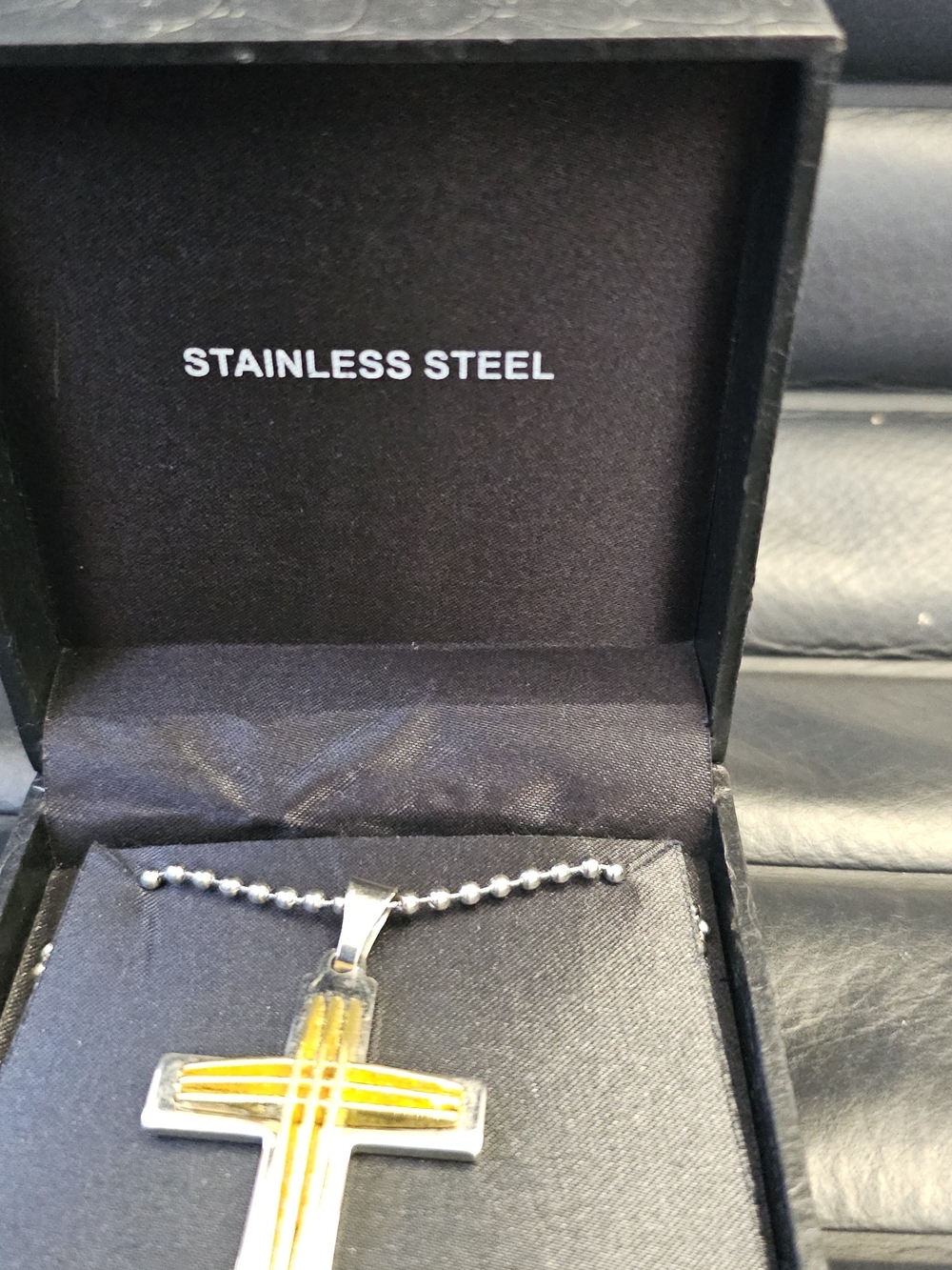 Stainless Steel Men's Cross Pendant Necklace - Yellow Accent